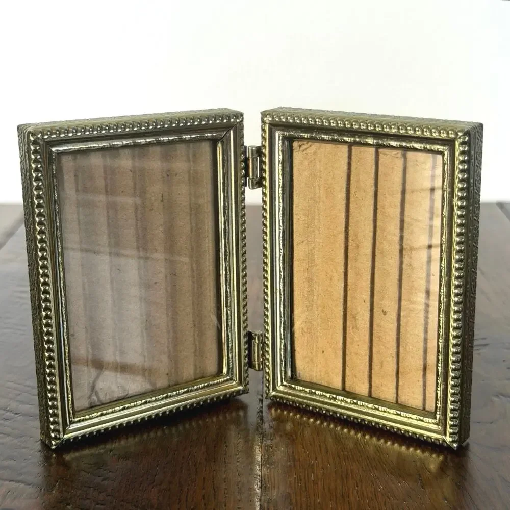 Vintage Double Hinged Gold Tone Mini Metal Picture Frame